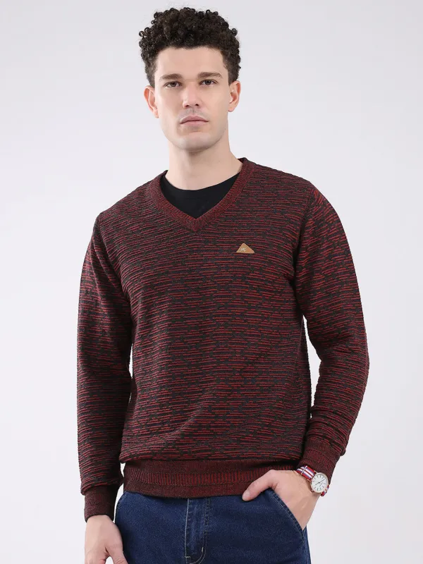 Men Maroon Self Design V Neck Full Sleeve Pullover made by Monte Carlo