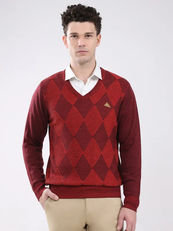 Men Maroon Self Design V Neck Full Sleeve Pullover made by Monte Carlo
