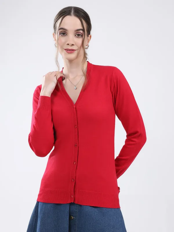 Women Red Solid V Neck Full Sleeve Cardigan made by Monte Carlo