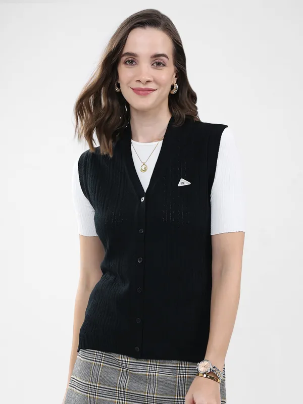 Women Black Self Design V Neck Sleeveless Cardigan sold by Monte Carlo