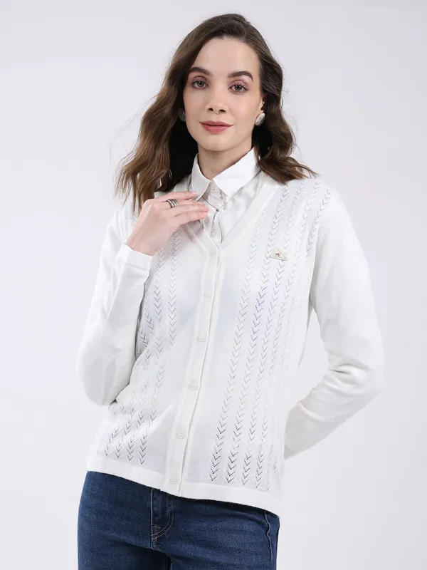 Women White Self Design V Neck Full Sleeve Cardigan sold by Monte Carlo