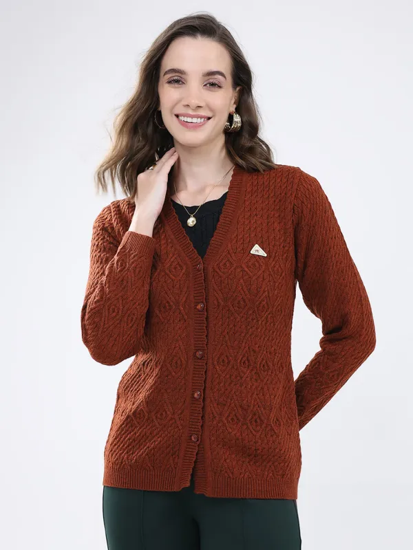 Women Rust Self Design V Neck Full Sleeve Cardigan sold by Monte Carlo
