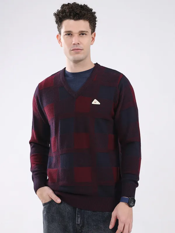 Men Maroon & Navy Blue Self Design V Neck Full Sleeve Pullover sold by Monte Carlo