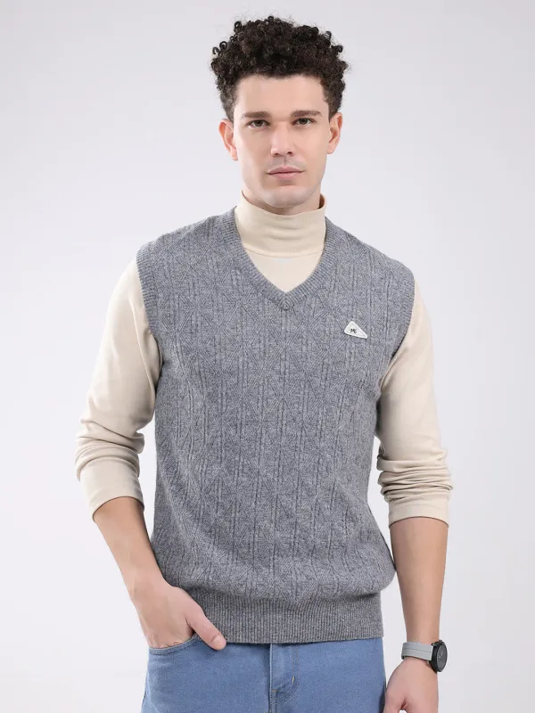 Men Grey Self Design V Neck Sleeveless Sweater made by Monte Carlo
