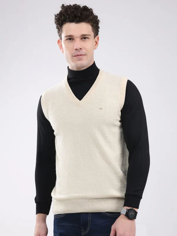 Men Cream Solid V Neck Sleeveless Sweater made by Monte Carlo
