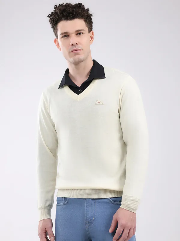 Men Cream Solid V Neck Full Sleeve Pullover made by Monte Carlo