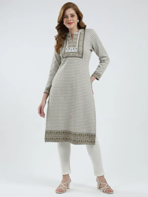Women Beige Self Design Round Neck Full Sleeve Winter Kurti sold by Monte Carlo