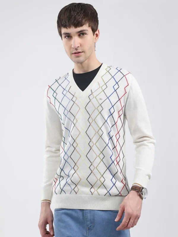 Men White Self Design V Neck Full Sleeve Pullover sold by Monte Carlo