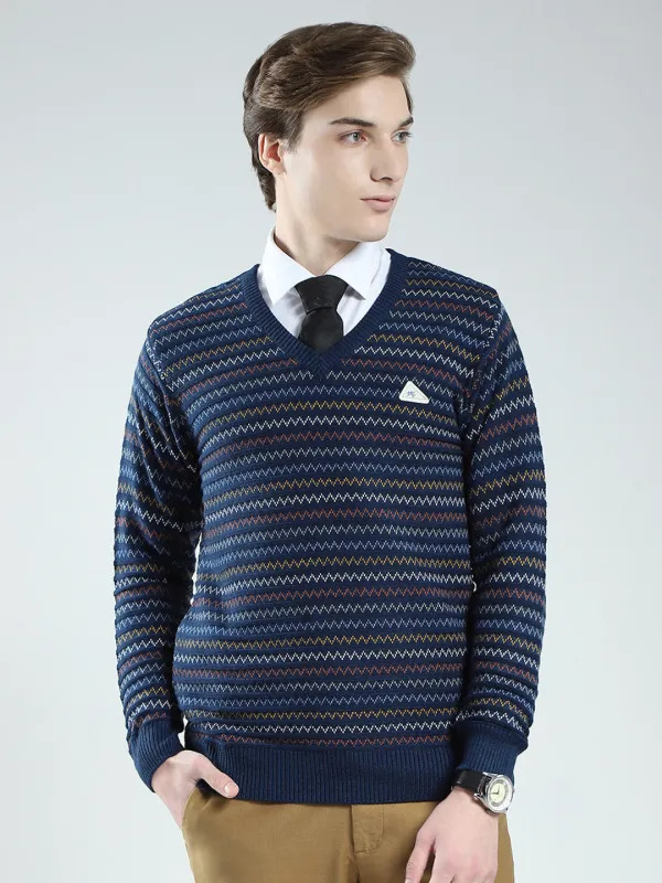 Men Blue Stripe V Neck Full Sleeve Pullover made by Monte Carlo