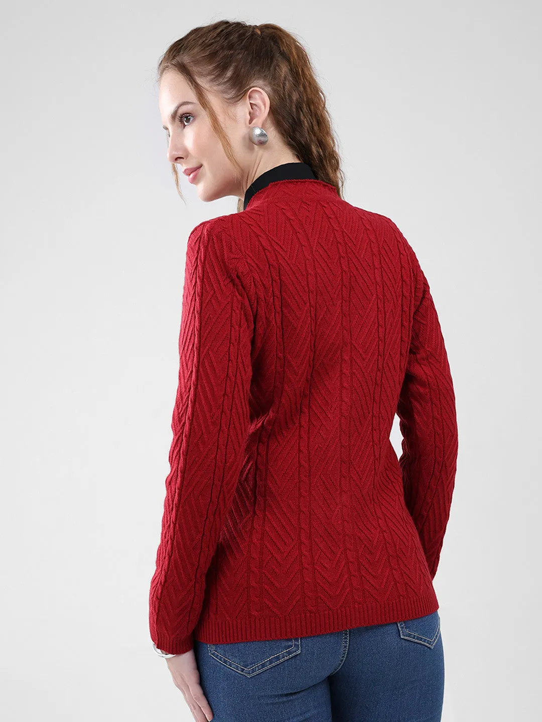 Women Maroon Self Design V Neck Full Sleeve Cardigan sold by Monte Carlo product image thumbnail 5