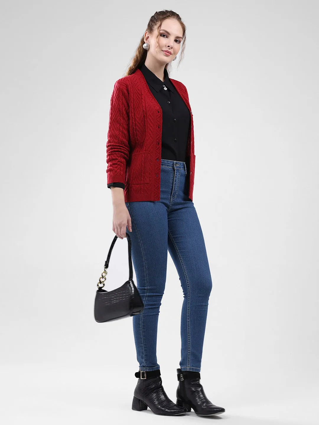 Women Maroon Self Design V Neck Full Sleeve Cardigan sold by Monte Carlo product image thumbnail 2