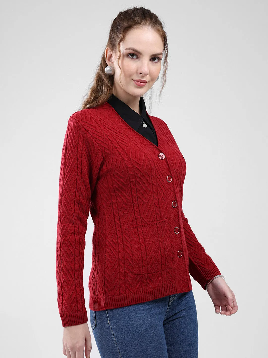 Women Maroon Self Design V Neck Full Sleeve Cardigan sold by Monte Carlo product image thumbnail 4