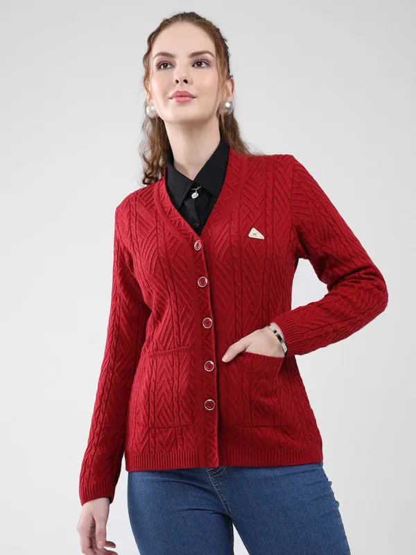 Women Maroon Self Design V Neck Full Sleeve Cardigan sold by Monte Carlo
