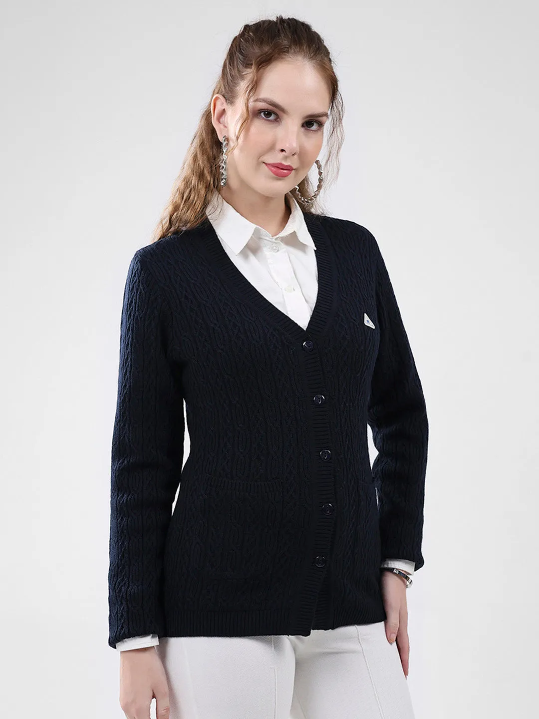 Women Navy Blue Self Design V Neck Full Sleeve Cardigan sold by Monte Carlo product image thumbnail 4