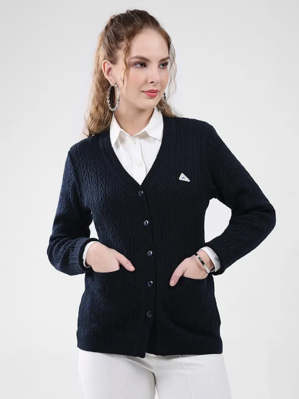 Women Navy Blue Self Design V Neck Full Sleeve Cardigan sold by Monte Carlo