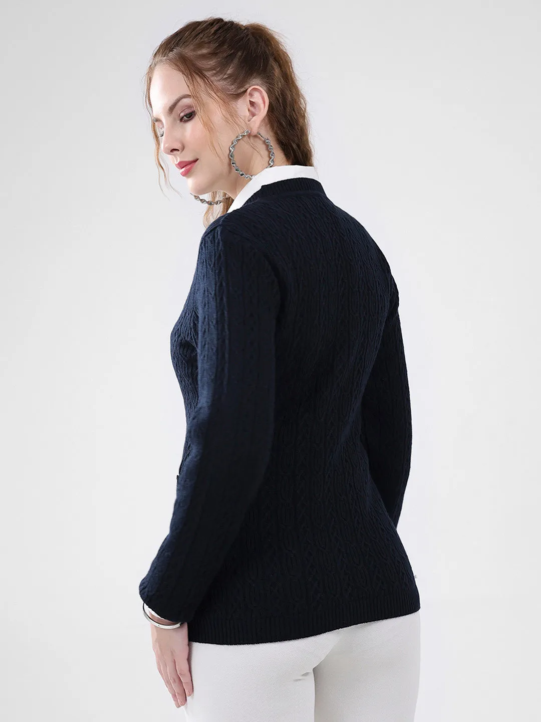 Women Navy Blue Self Design V Neck Full Sleeve Cardigan sold by Monte Carlo product image thumbnail 5