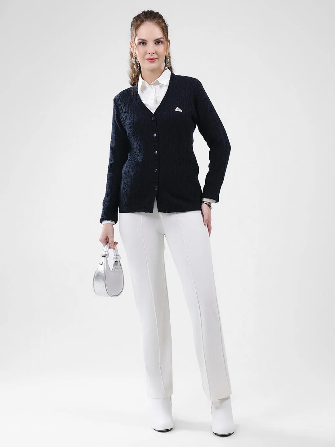 Women Navy Blue Self Design V Neck Full Sleeve Cardigan sold by Monte Carlo product image thumbnail 2