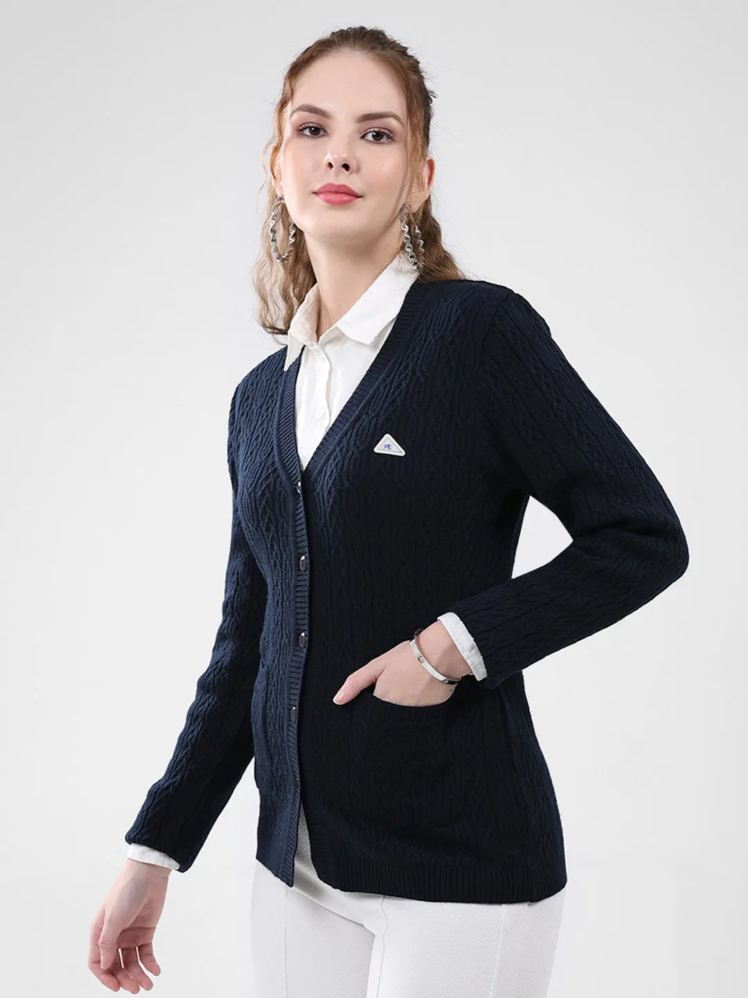 Women Navy Blue Self Design V Neck Full Sleeve Cardigan sold by Monte Carlo product image thumbnail 3