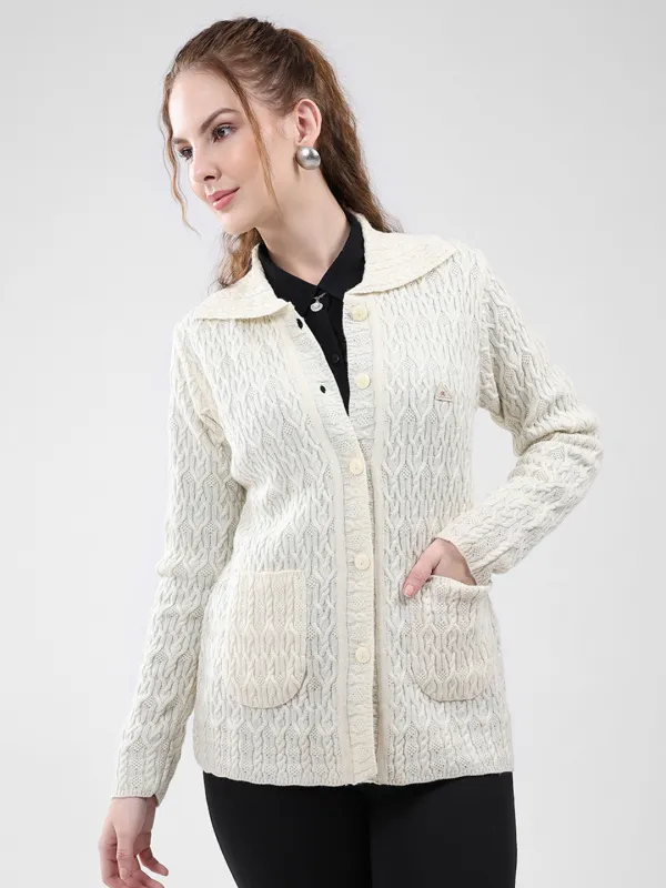 Women White Self Design Collar Full Sleeve Cardigan sold by Monte Carlo