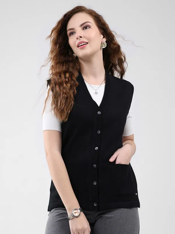 Women Black Solid V Neck Sleeveless Cardigan sold by Monte Carlo