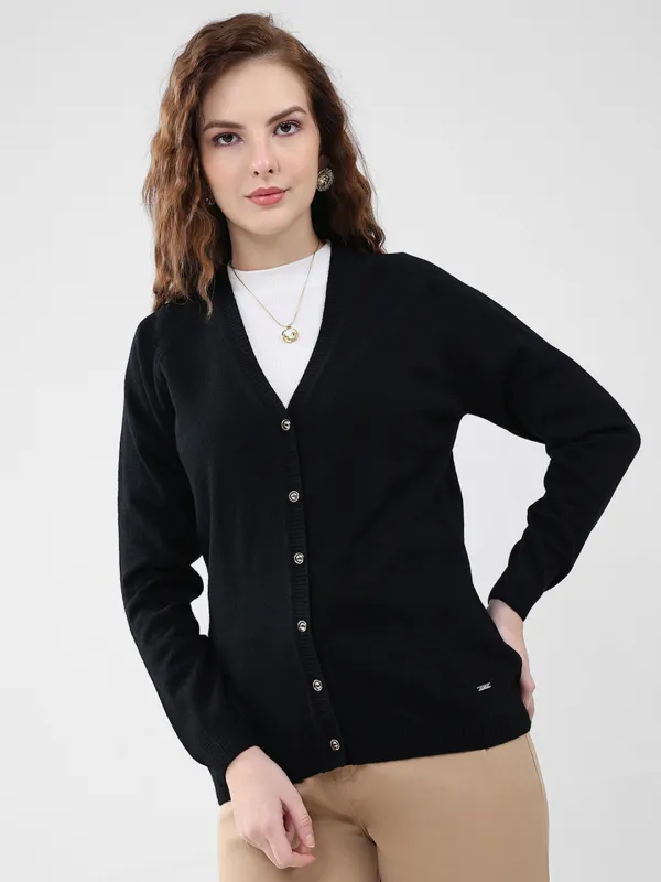 Women Black Solid V Neck Full Sleeve Cardigan sold by Monte Carlo