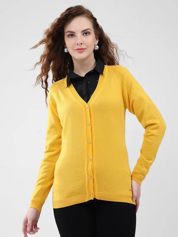 Women Yellow Solid V Neck Full Sleeve Cardigan sold by Monte Carlo