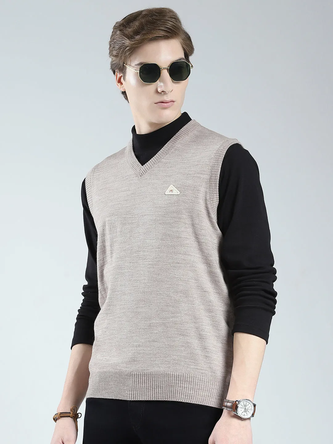 Men Grey Solid V Neck Sleeveless Sweater sold by Monte Carlo product image thumbnail 3