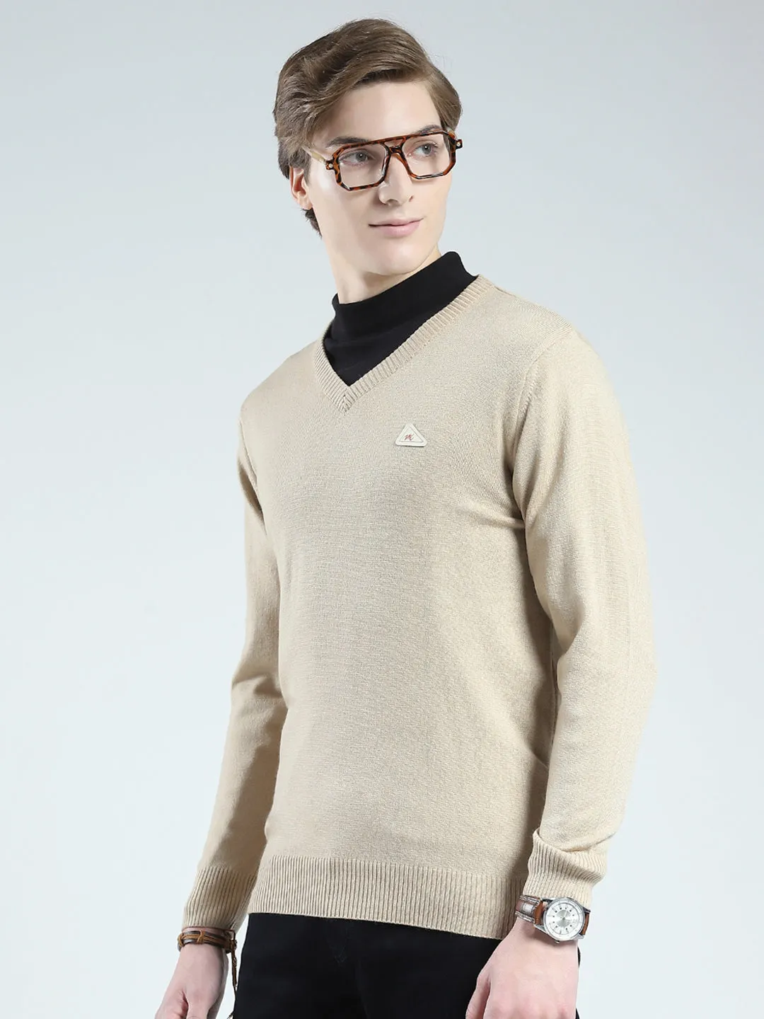 Men Beige Solid V Neck Full Sleeve Pullover sold by Monte Carlo product image thumbnail 3