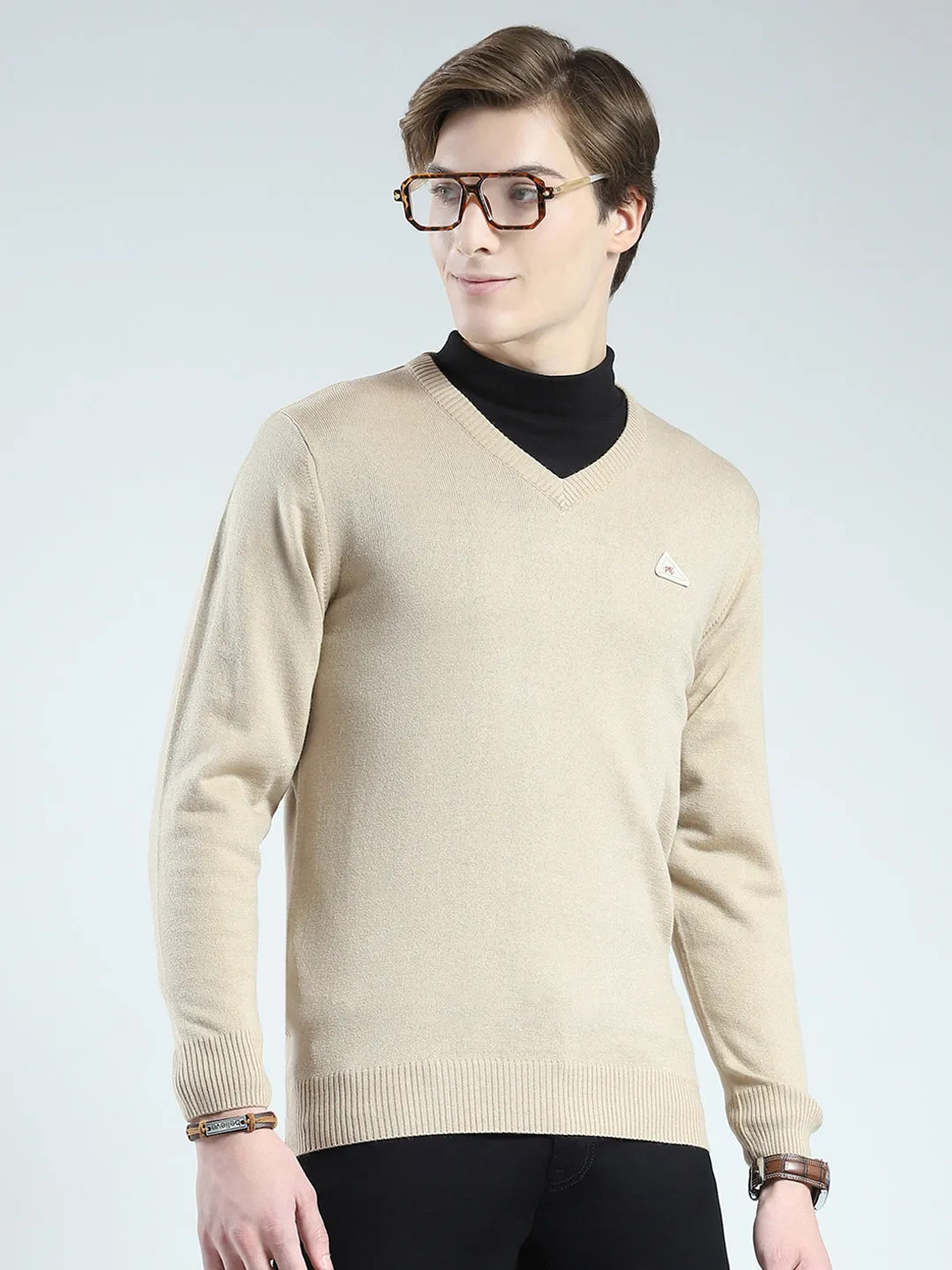 Men Beige Solid V Neck Full Sleeve Pullover sold by Monte Carlo product image thumbnail 4