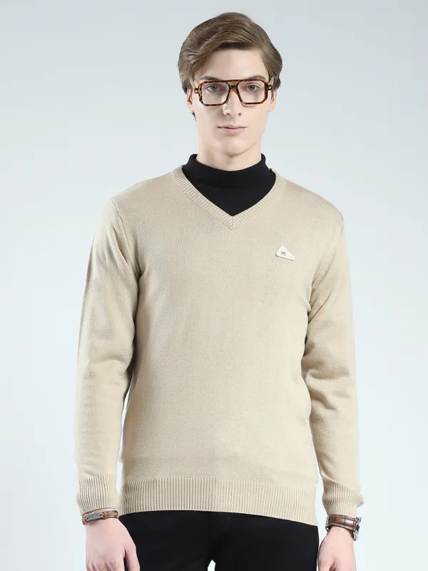 Men Beige Solid V Neck Full Sleeve Pullover made by Monte Carlo