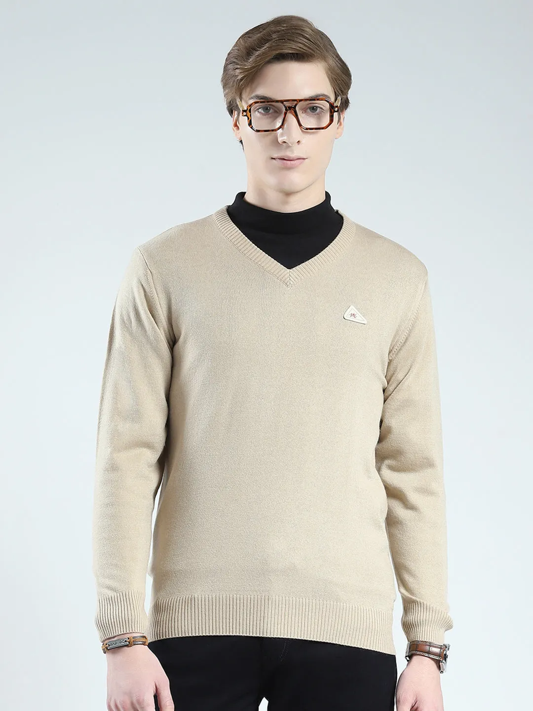 Men Beige Solid V Neck Full Sleeve Pullover sold by Monte Carlo