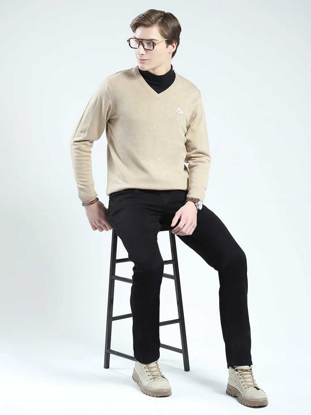 Men Beige Solid V Neck Full Sleeve Pullover sold by Monte Carlo product image thumbnail 2