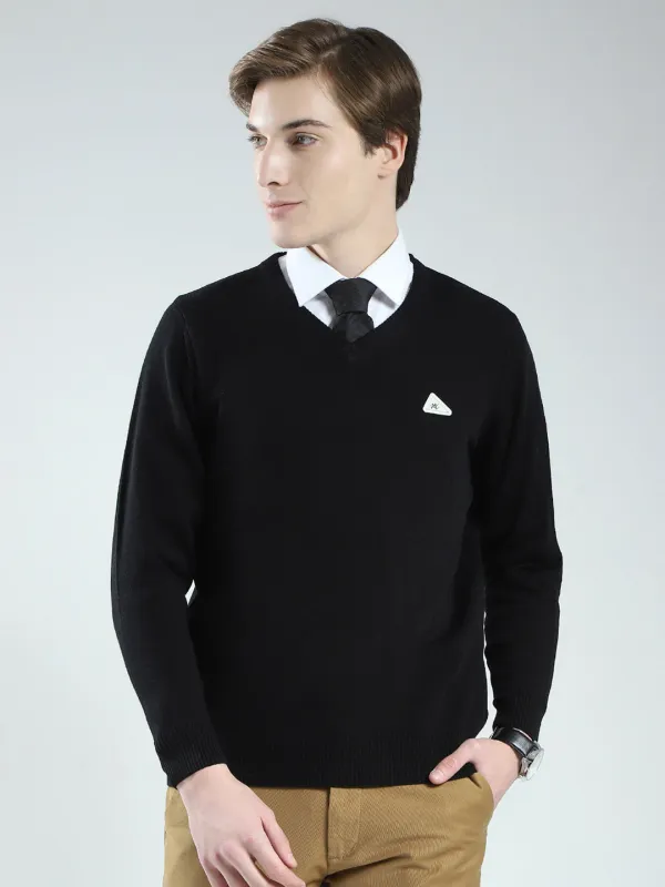 Men Black Solid V Neck Full Sleeve Pullover made by Monte Carlo