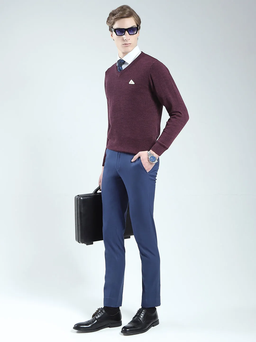 Men Purple Solid V Neck Full Sleeve Pullover sold by Monte Carlo product image thumbnail 2