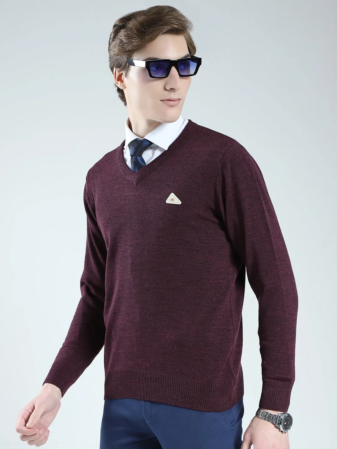 Men Purple Solid V Neck Full Sleeve Pullover sold by Monte Carlo product image thumbnail 3