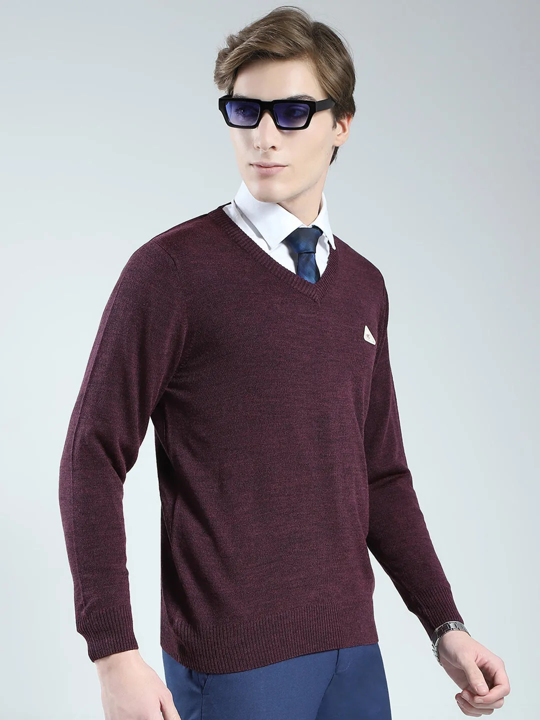 Men Purple Solid V Neck Full Sleeve Pullover sold by Monte Carlo product image thumbnail 4