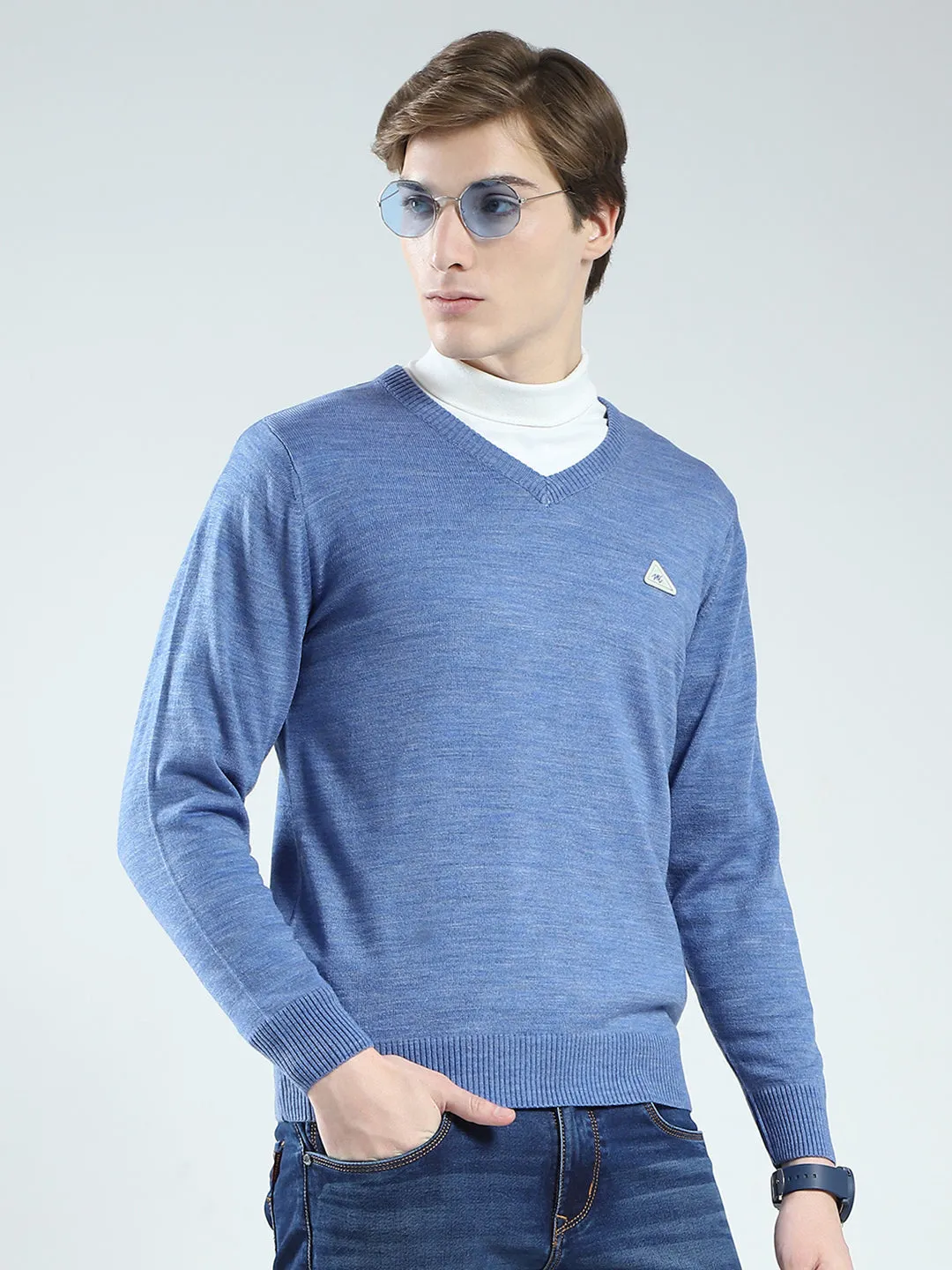 Men Blue Solid V Neck Full Sleeve Pullover sold by Monte Carlo product image thumbnail 4