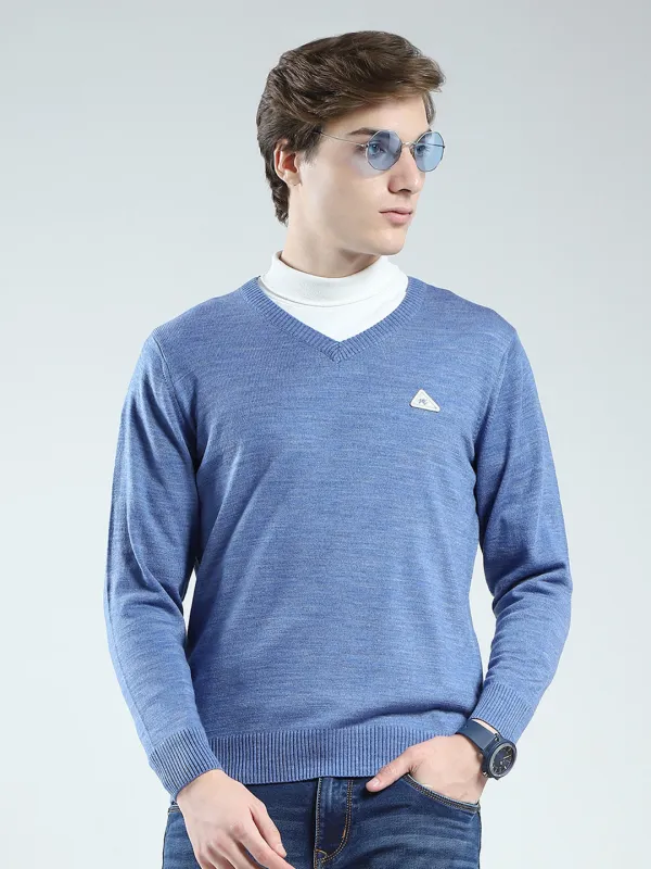 Men Blue Solid V Neck Full Sleeve Pullover made by Monte Carlo
