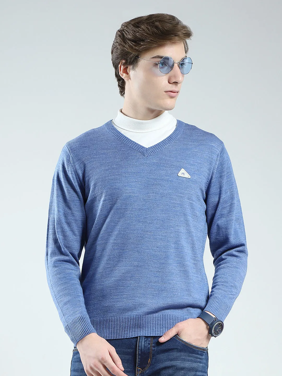 Men Blue Solid V Neck Full Sleeve Pullover sold by Monte Carlo