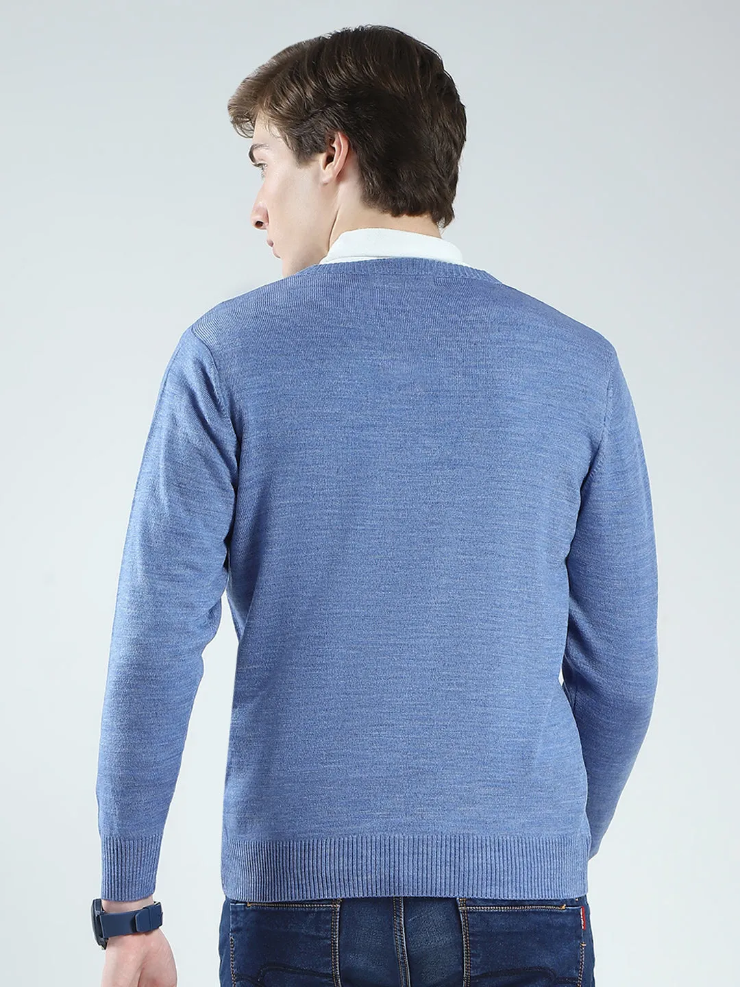 Men Blue Solid V Neck Full Sleeve Pullover sold by Monte Carlo product image thumbnail 5
