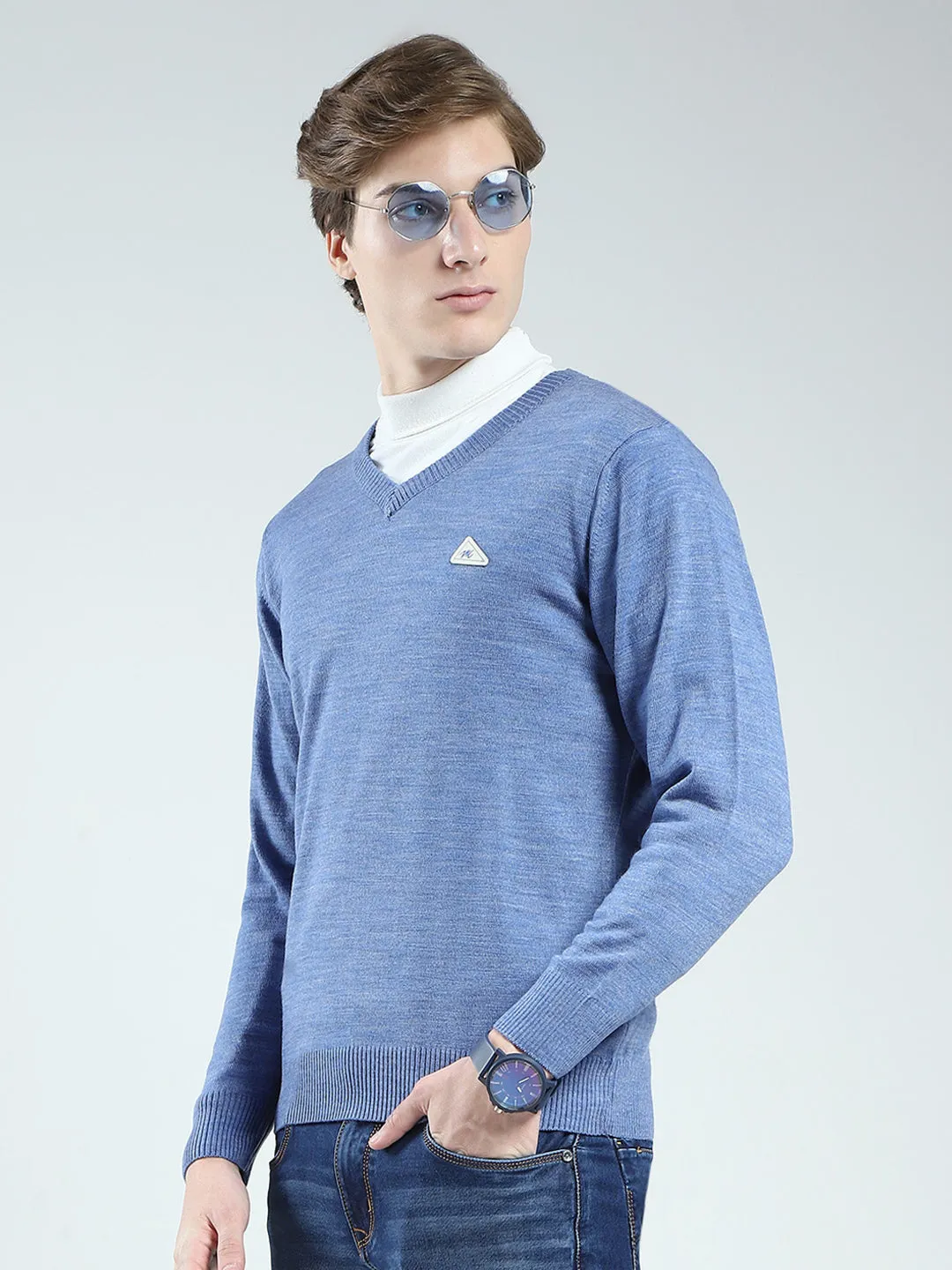 Men Blue Solid V Neck Full Sleeve Pullover sold by Monte Carlo product image thumbnail 3