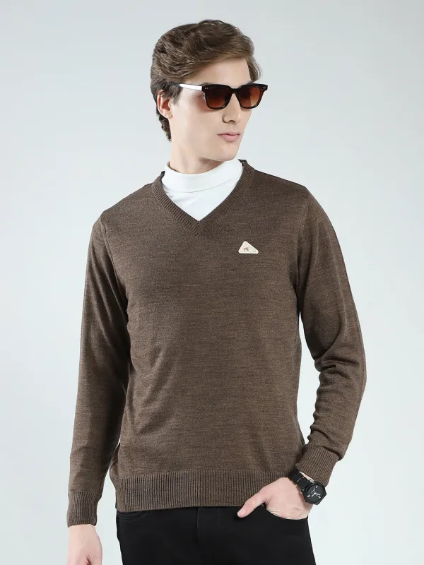 Men Brown Solid V Neck Full Sleeve Pullover made by Monte Carlo