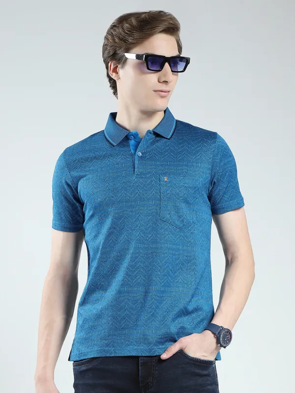 Luxuria Men Teal Blue Self Design Collar Half Sleeve T-Shirt made by Monte Carlo