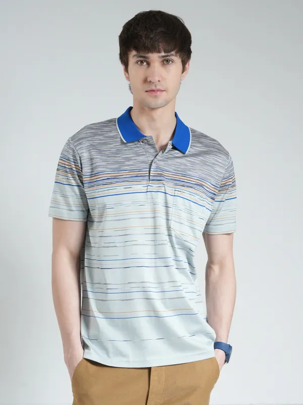 Luxuria Men Grey Stripe Collar Half Sleeve T-Shirt made by Monte Carlo