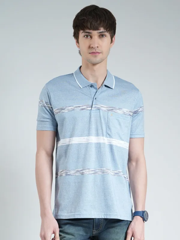 Luxuria Men Sky Blue Stripe Collar Half Sleeve T-Shirt made by Monte Carlo