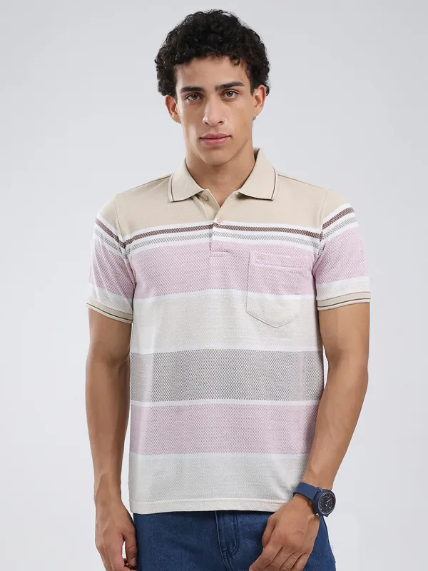 Men Beige Stripe Collar Half Sleeve T-Shirt sold by Monte Carlo