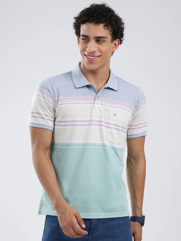 Men Green Stripe Collar Half Sleeve T-Shirt made by Monte Carlo