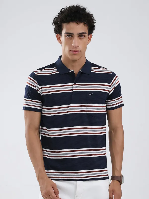 Men Navy Blue Stripe Collar Half Sleeve T-Shirt made by Monte Carlo