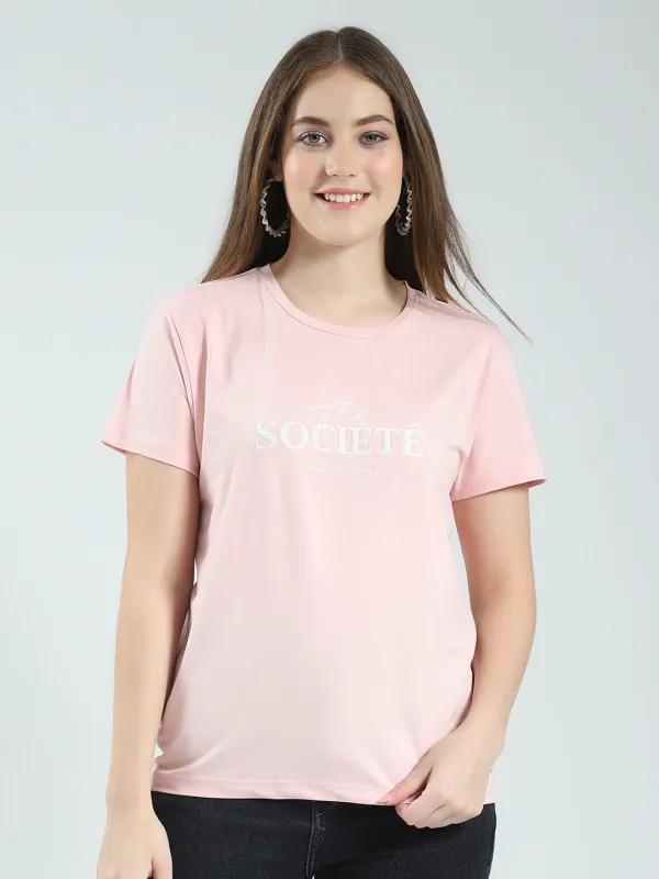 Women Peach Printed Round Neck Half Sleeve Top made by Monte Carlo