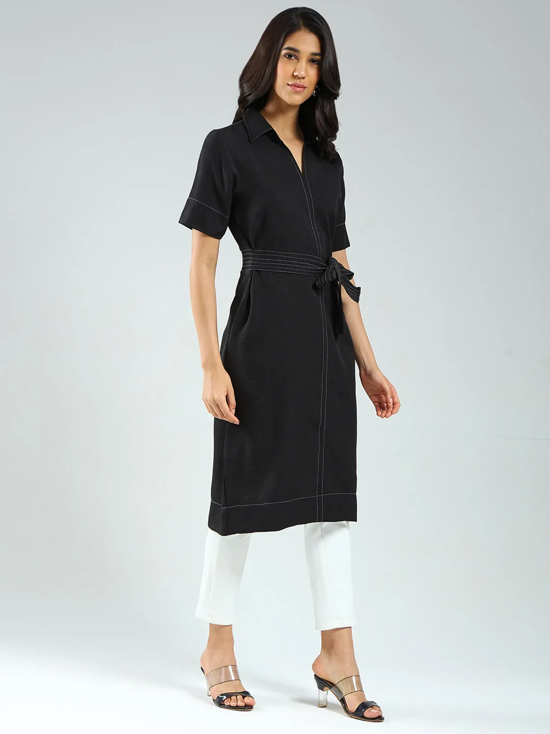 Women Black Solid Collar Half Sleeve Tunic sold by Monte Carlo product image thumbnail 4